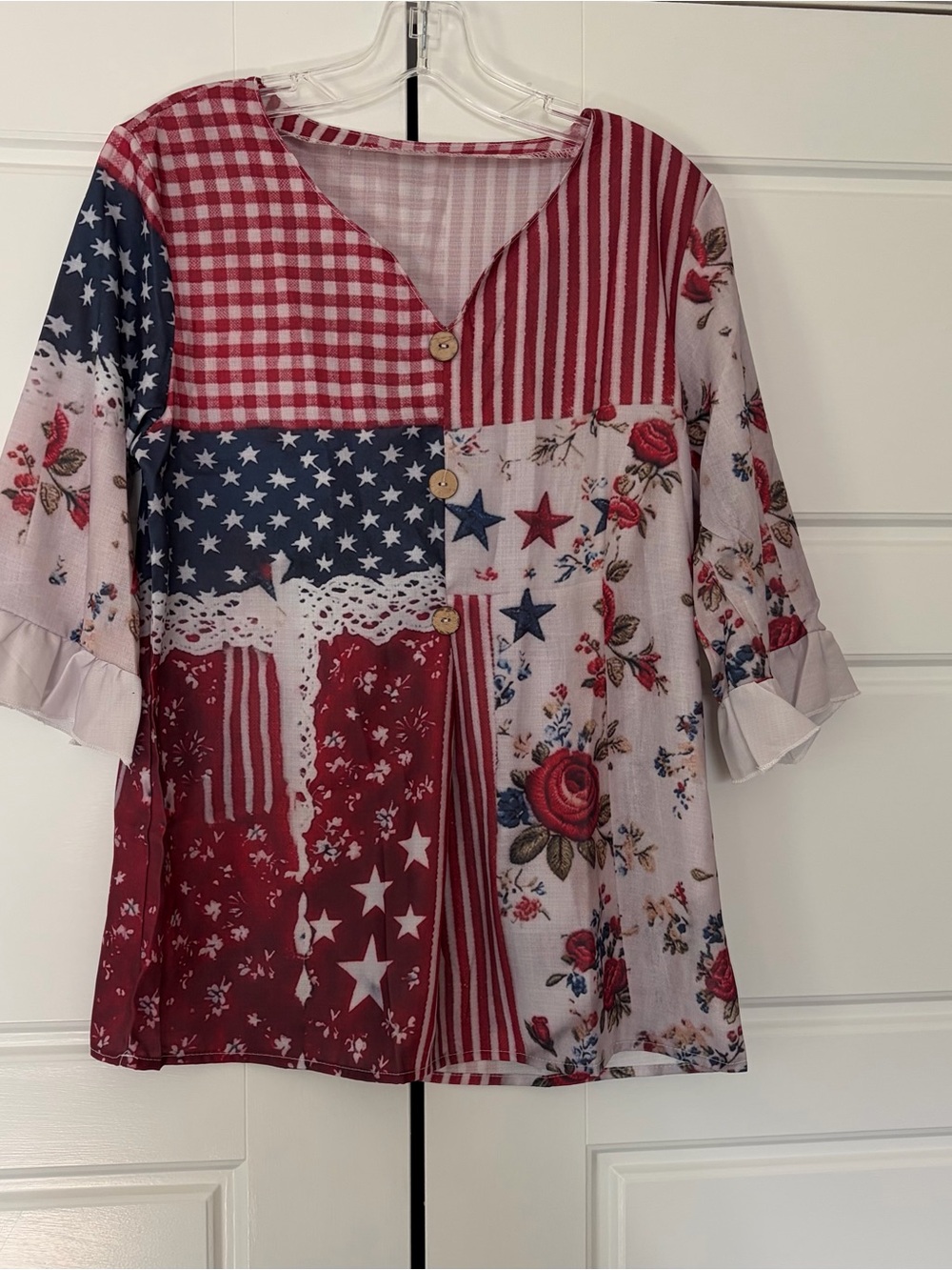 Patchwork Americana Floral Button Front Top - Red, Blue, Cream